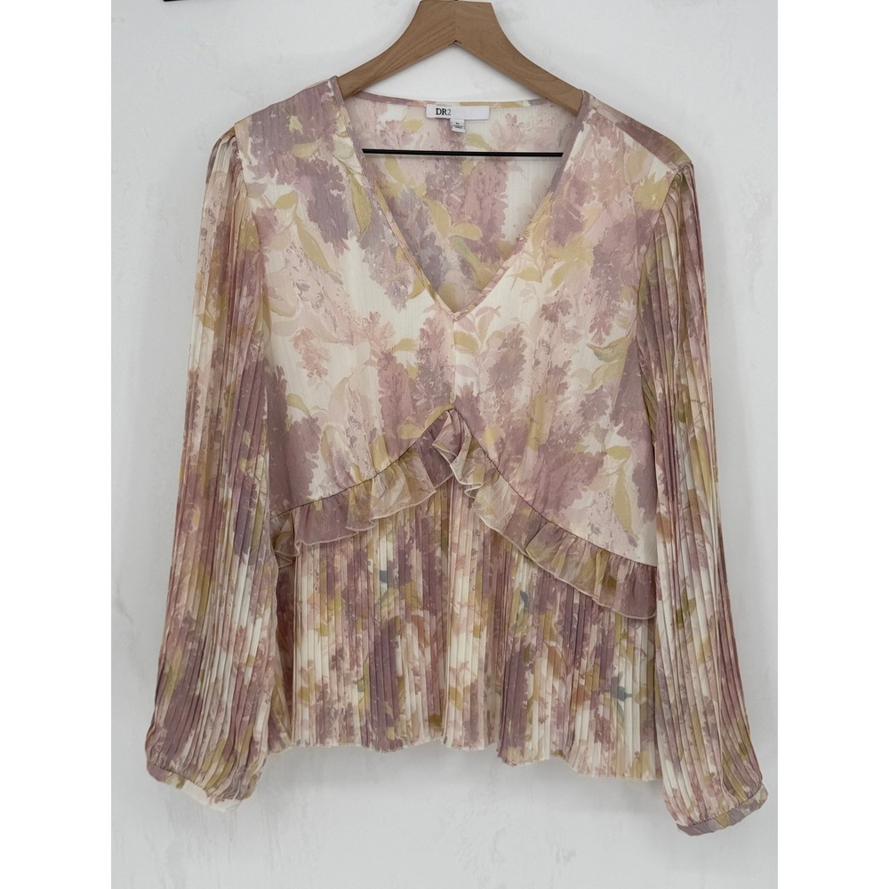 DR2 Pleated Whimsical Blouse XL Abstract Floral Fairycore Pastel Ruffle Sheer